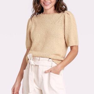 Womens Short Puff Sleeve Crewneck Pullover Sweater Yellow Boho Cottagecore Small